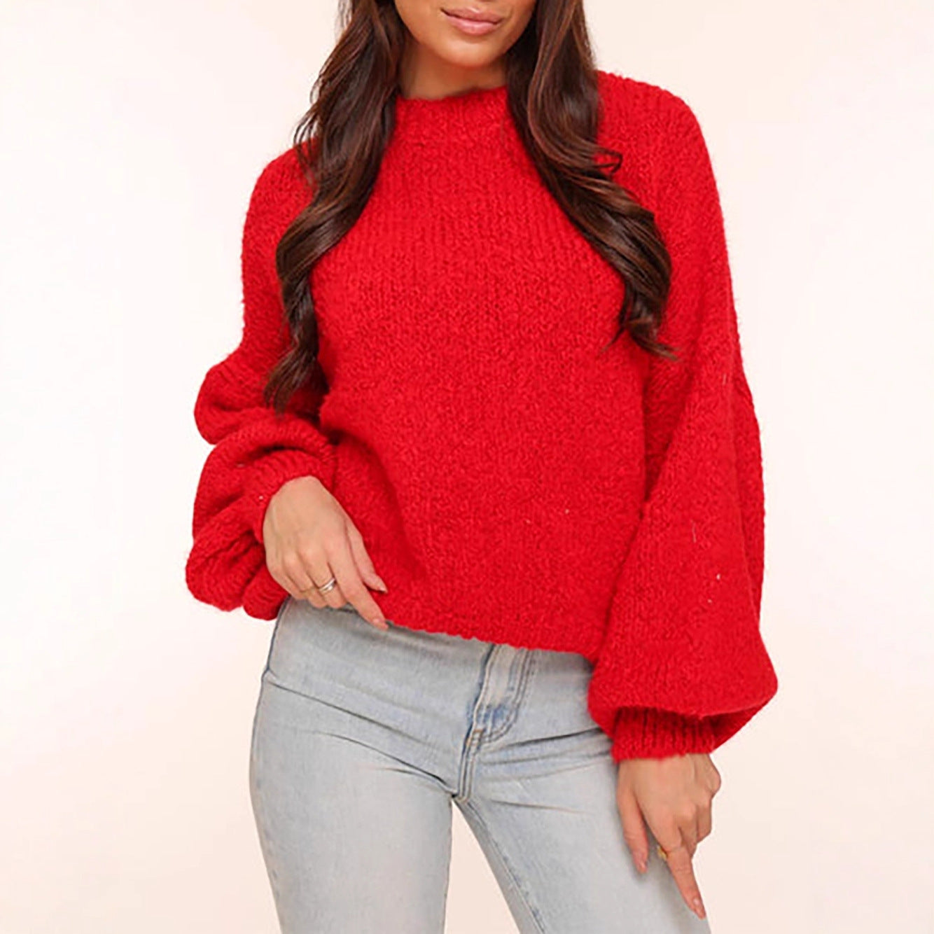 Damen Oversized-Pullover Grobgestrickt Voluminöse Ärmel Beige