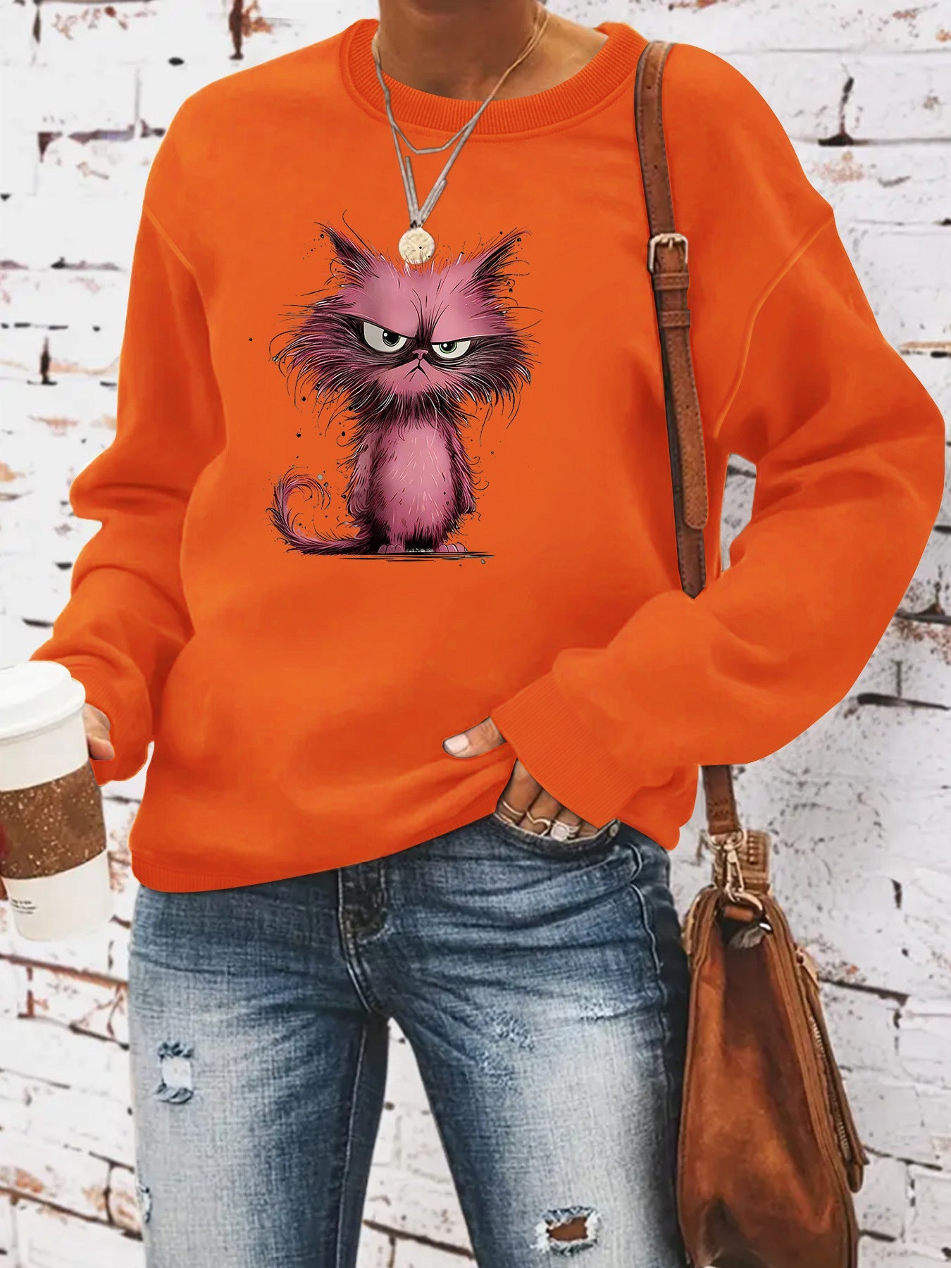 Damen Sweatshirt Katzenmotiv Baumwolle Weiß