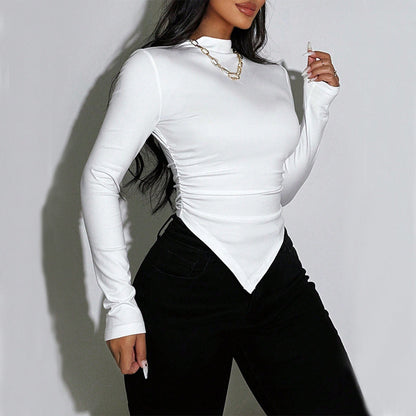 Damen Langarm- Asymmetrischer Saum Elegante Raffung
