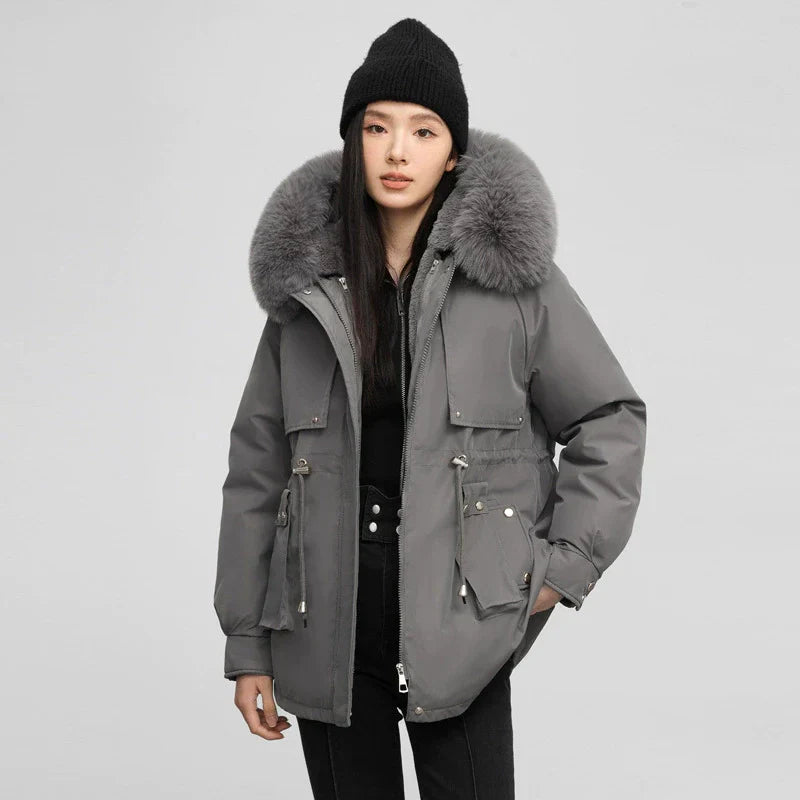Damen Parka Mantel Verstellbare Taille Abnehmbarer Fellkragen