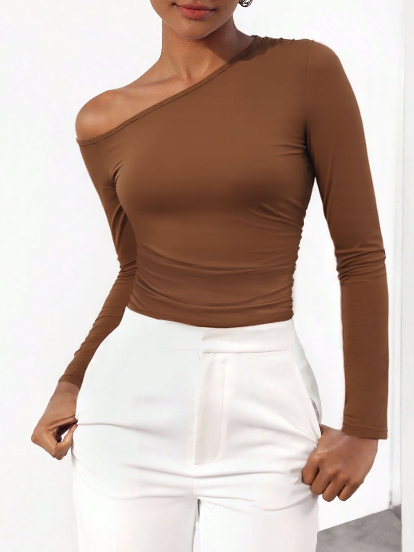 Damen Langarmshirt Asymmetrisch Raffinierter Ausschnitt Norvielle - Norvielle