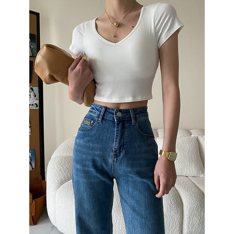 Damen Crop- Kurzärmelig V-Ausschnitt Norvielle