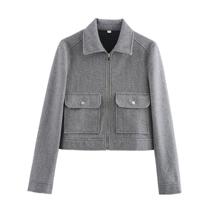 Damen Kurzjacke Lässiger Schnitt Baumwolle Praktische Taschen
