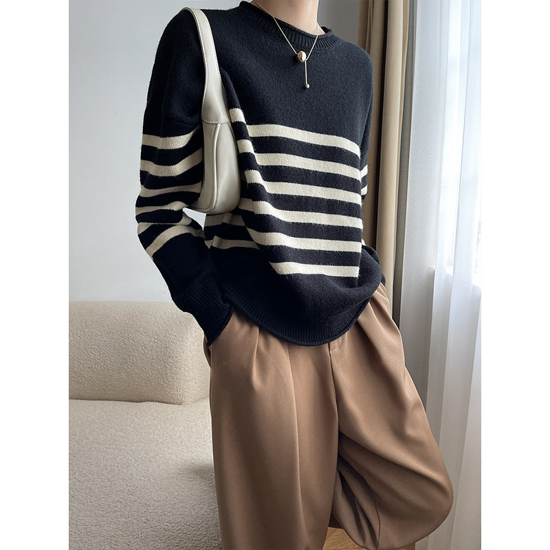 Damen Pullover Gestreift Rundhalsausschnitt Feine Strickstruktur - Norvielle