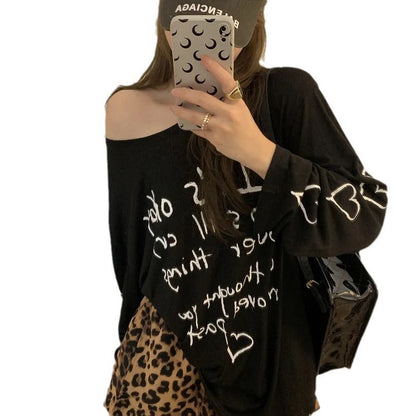 Damen Oversized-Oberteil Off-Shoulder mit Schriftzug