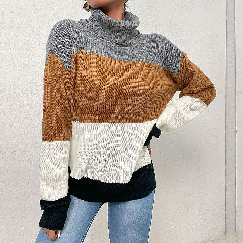 Damen Strickpullover Hochkragen Farbblockdesign