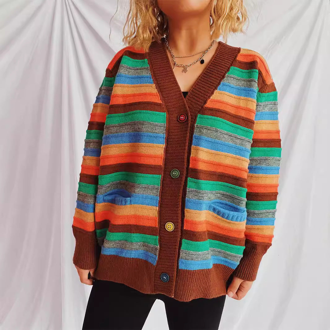 Damen Strickjacke Bunt Streifenmuster Locker Norvielle
