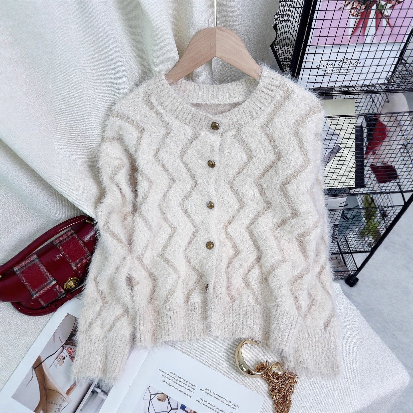 Damen Strickjacke Weich Viskose Mischung Beige