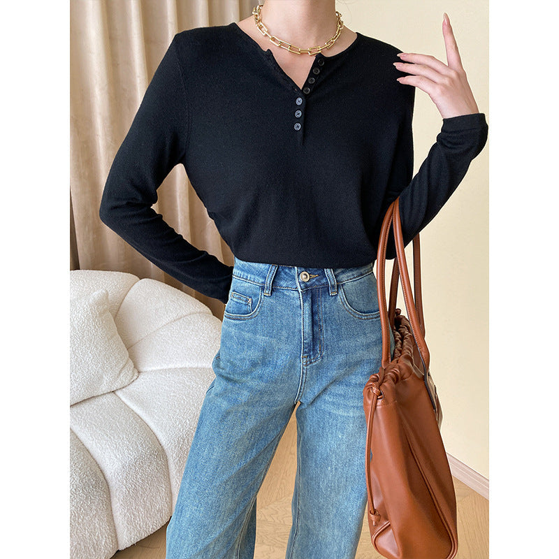 Damen Langarm-Henley-Pullover Weiches Strick Schwarz - Norvielle