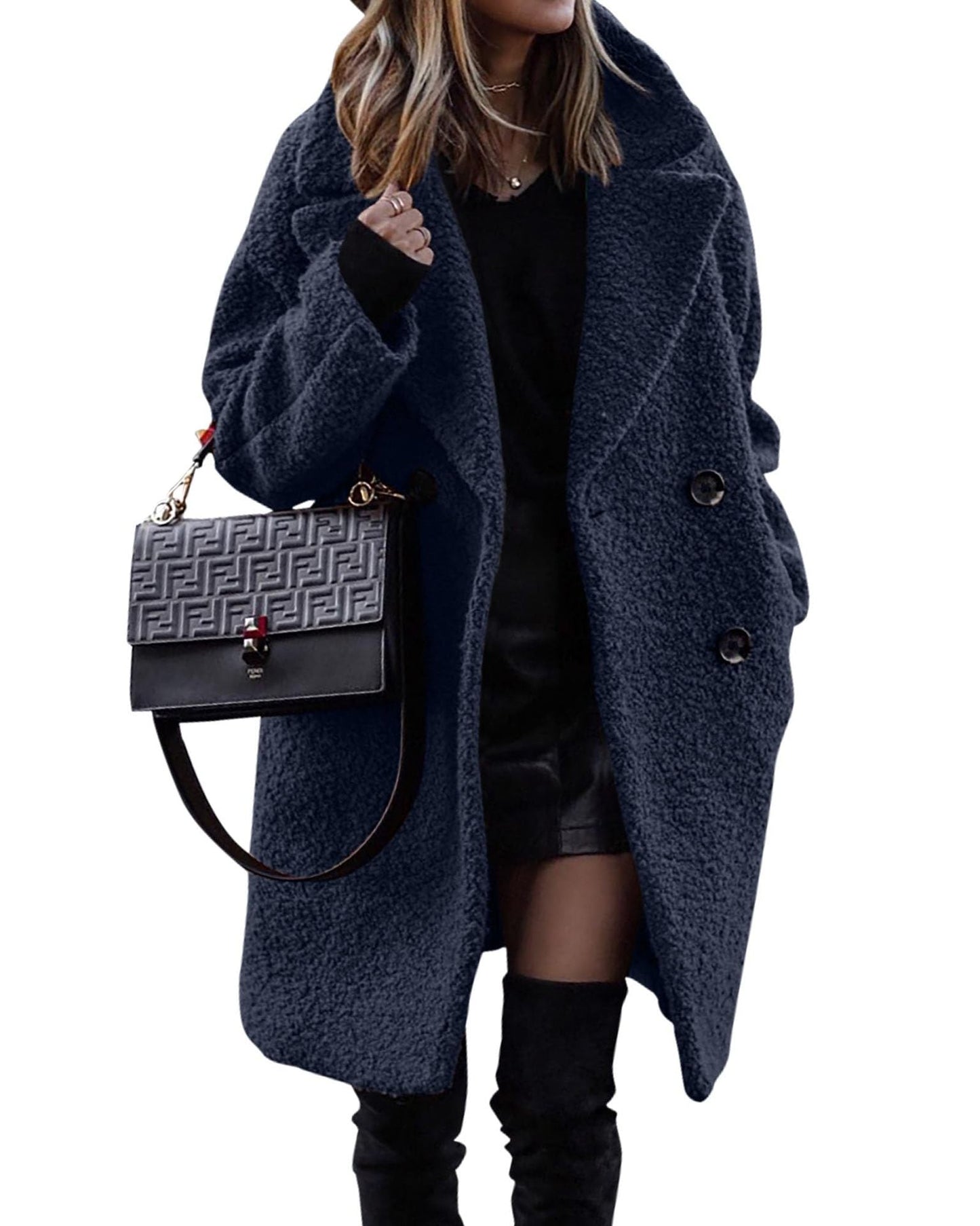Damen Bouclé Mantel Klassisches Revers Eleganz