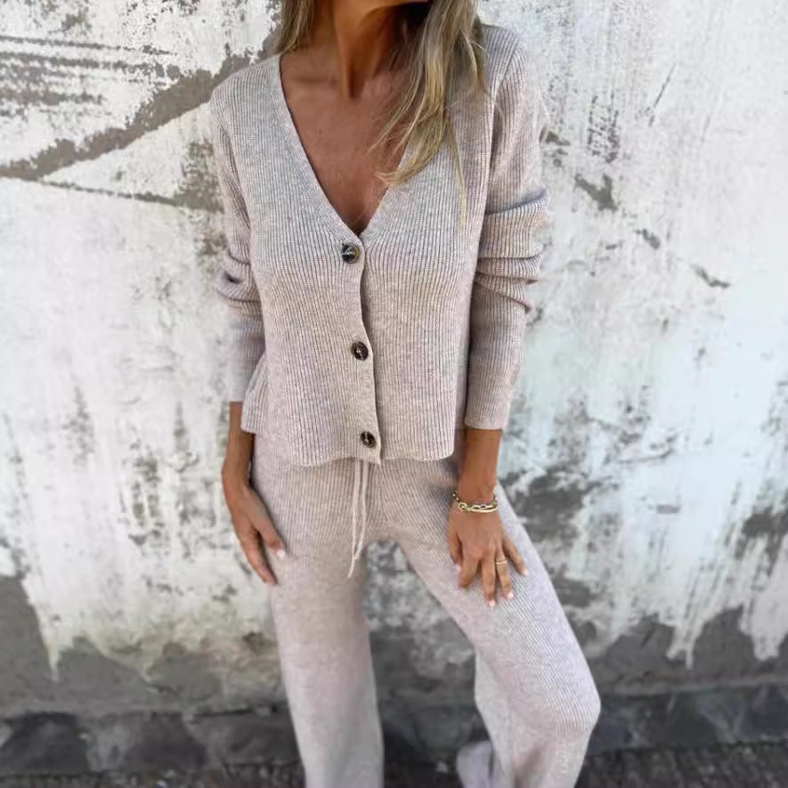 Damen Strickanzug V-Ausschnitt Elegant Knöpfe Norvielle