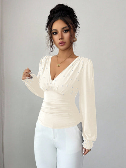 Damen Bluse V-Ausschnitt Verziert Norvielle
