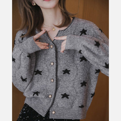 Damen Strickjacke Sternenmuster Knopfverschluss