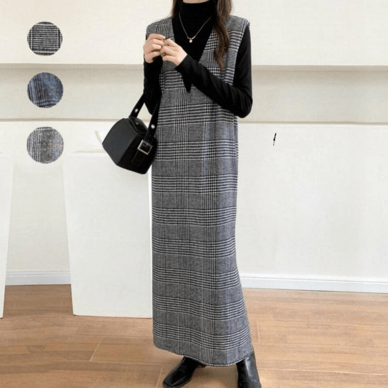 Damen Maxikleid Karomuster V-Ausschnitt Elegantes Design - Norvielle