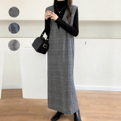 Damen Maxikleid Karomuster V-Ausschnitt Elegantes Design - Norvielle