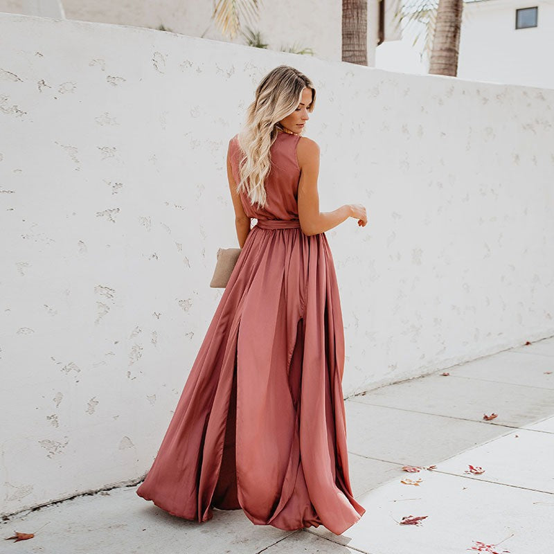 Damen Maxikleid Hohe Teilung Elegant Taillengürtel Norvielle