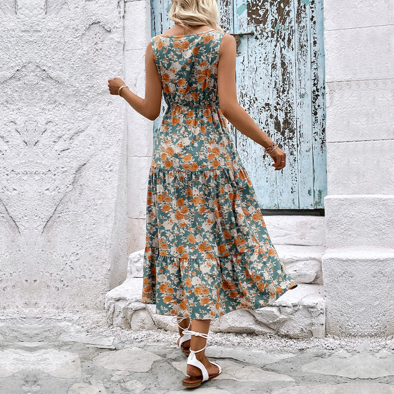 Damen Maxikleid Elastisch Floralmuster Rüschendetails