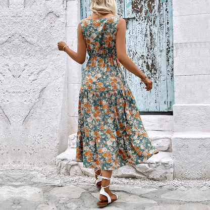 Damen Maxikleid Elastisch Floralmuster Rüschendetails