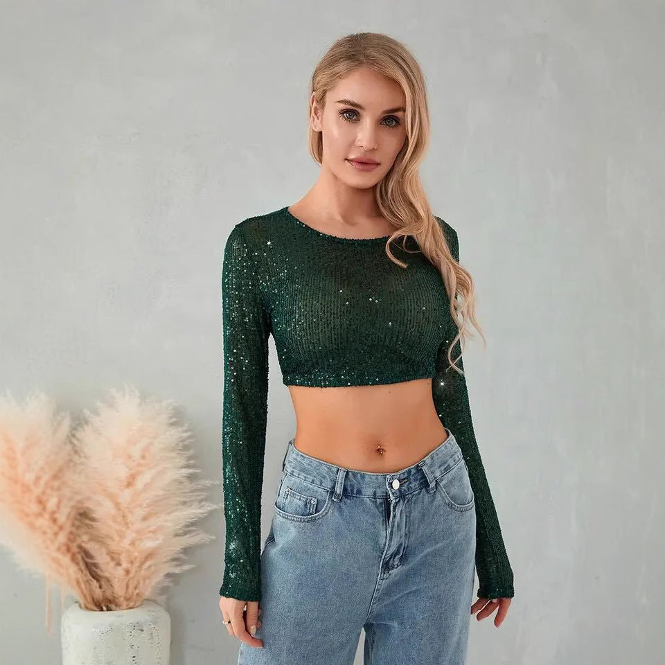 Damen Glitzerndes Crop- Langärmlig Figurbetont Norvielle