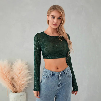 Damen Glitzerndes Crop- Langärmlig Figurbetont Norvielle
