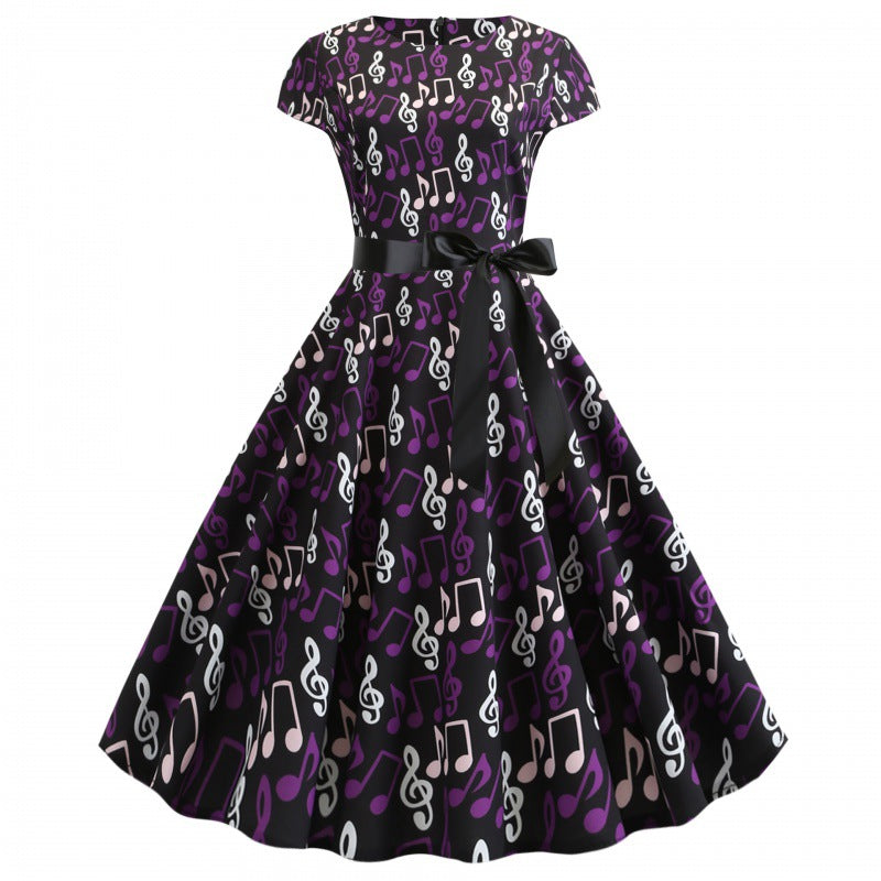 Damen Swing-Kleid Musikmuster Eleganter Taillengürtel