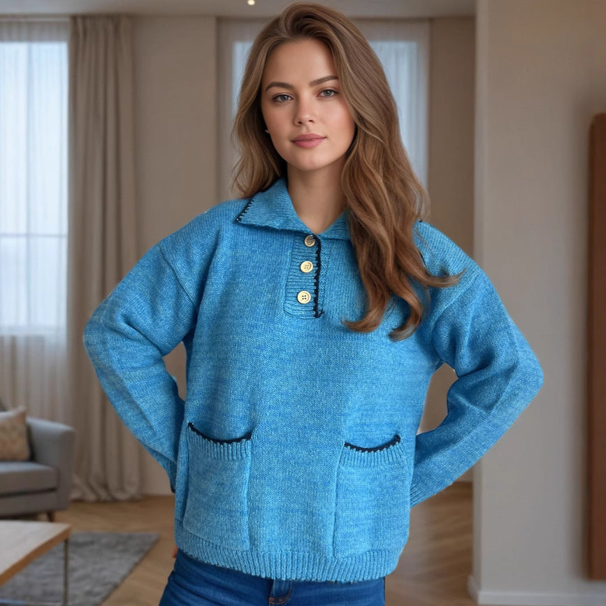 Damen Strickpullover Lässig Knopfleiste Taschen Beige