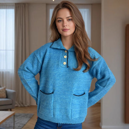 Damen Strickpullover Lässig Knopfleiste Taschen Beige