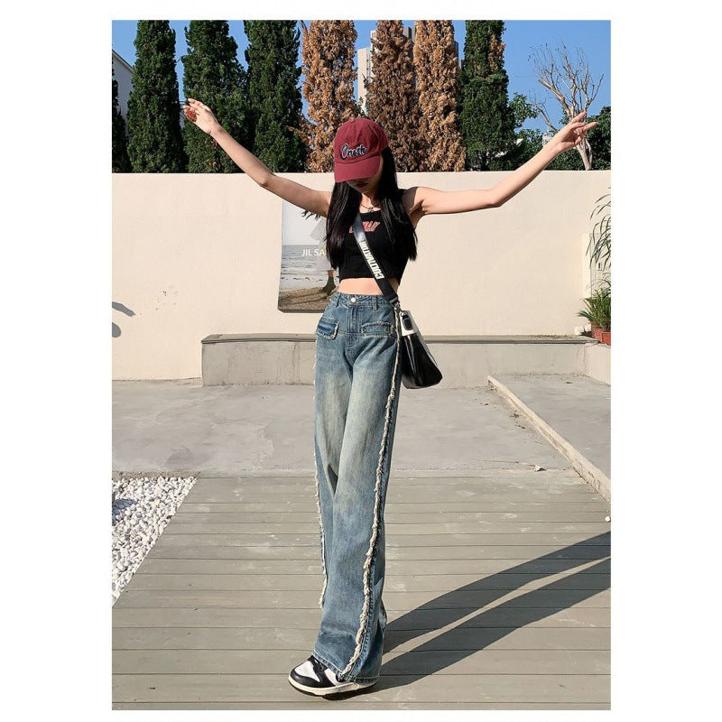 Damen Denim-Jeans Weit Bein Fransen Hoch Norvielle