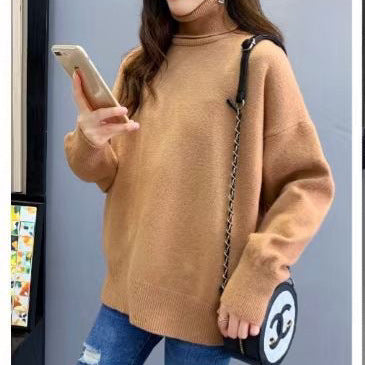 Damen Oversized Pullover Grobstrick Hochkragen Beige