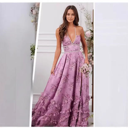 Damen Maxikleid V-Ausschnitt Floralmuster Rüschen - Norvielle