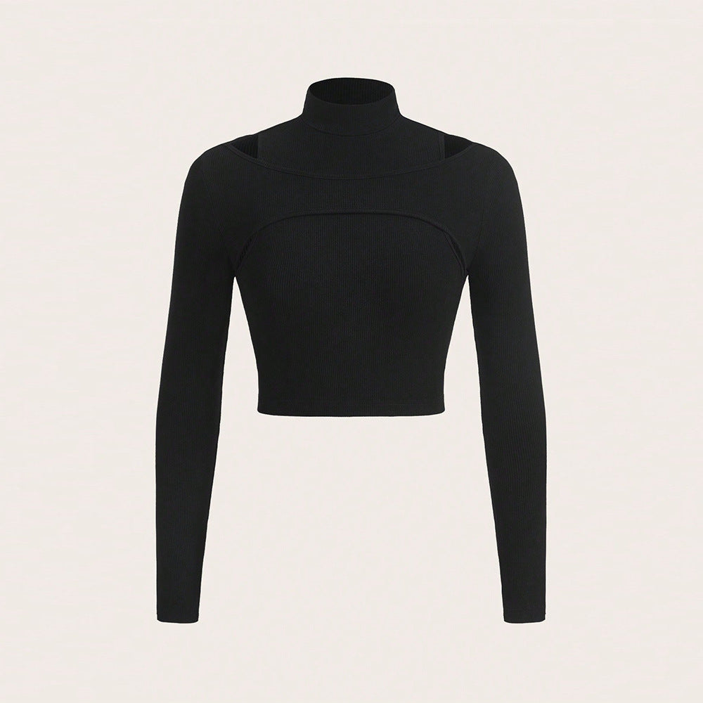 Damen Crop- Hochgeschlossen Cut-Out-Design Schwarz - Norvielle