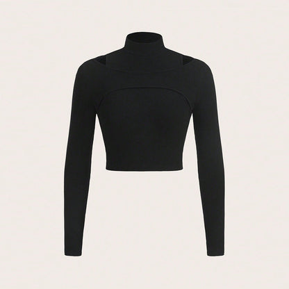 Damen Crop- Hochgeschlossen Cut-Out-Design Schwarz - Norvielle