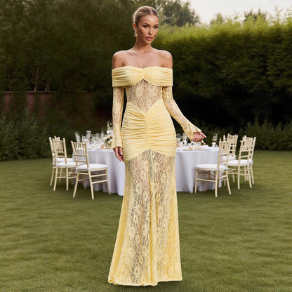 Damen Maxikleid Spitze Rüschendetails Schulterfrei
