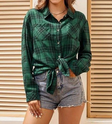 Damen Flanellbluse Kariert Mit Knotendetail