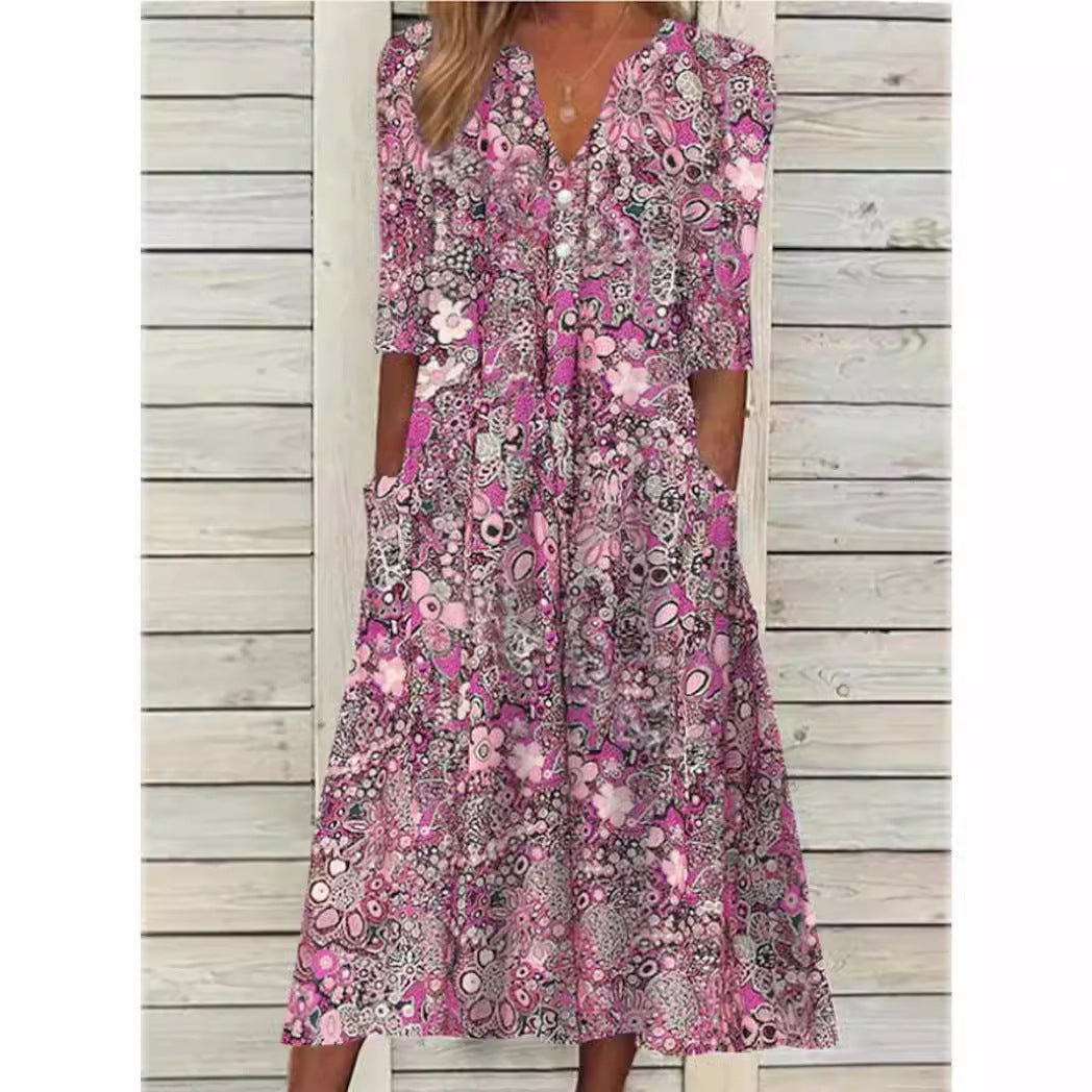 Damen Blumenkleid Midi mit Taschen