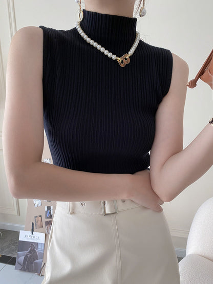 Damen Rippstrick Oberteil Hellbeige Stehkragen Norvielle