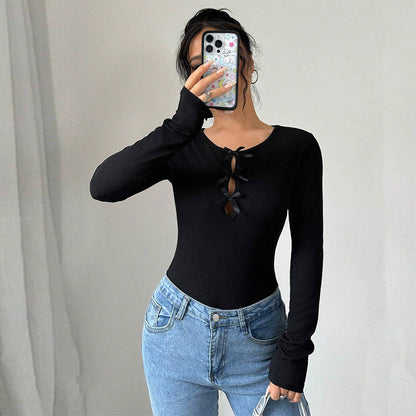Damen Bodysuit Langarm Dekorative Schleifen Norvielle - Norvielle