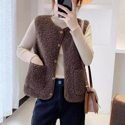 Damen Fleeceweste Teddylook mit Taschen und Knöpfen Beige