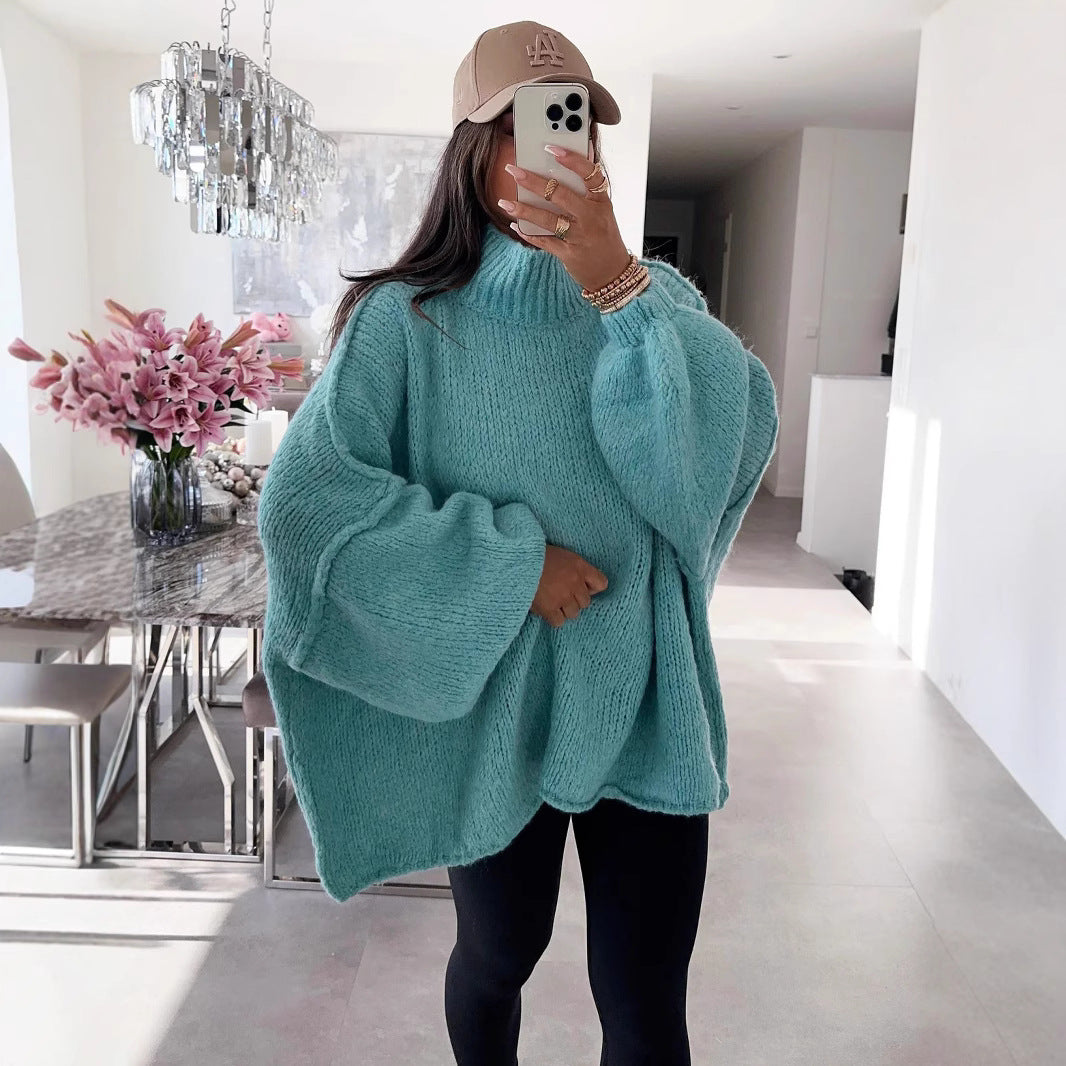 Damen Oversized Strickpullover Hochkragen Ballonärmel