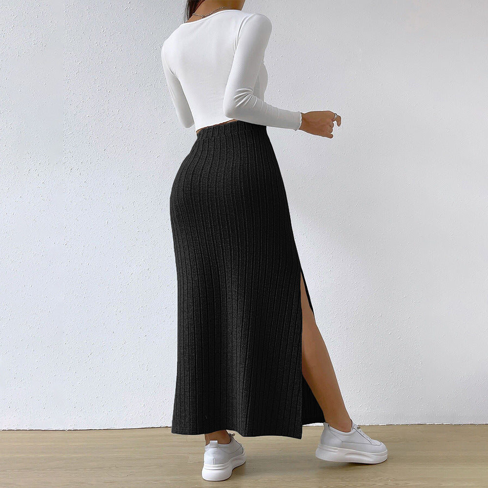 Damen Strickrock Langer Diagonalrippen Hochtaillierung
