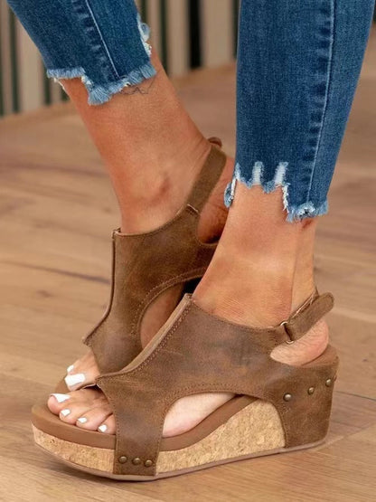 Damen Keilabsatz Sandalen Fischmund Plattform Niethalfter