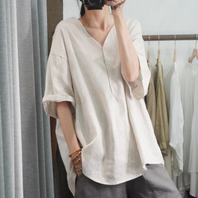 Damen Leinen-T-Shirt Oversized V-Ausschnitt Lässig Beige - Norvielle