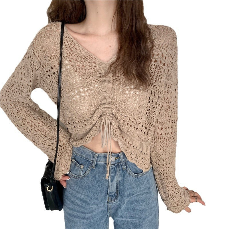 Damen Strickpullover Luftig Drop-Shoulder Kordelzug Beige