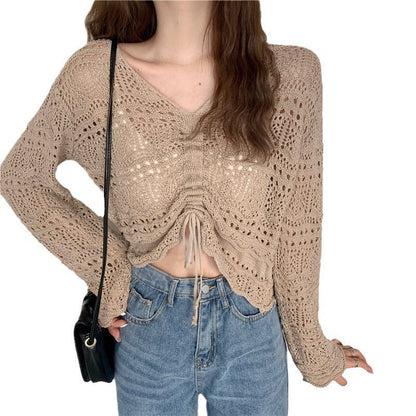 Damen Strickpullover Luftig Drop-Shoulder Kordelzug Beige