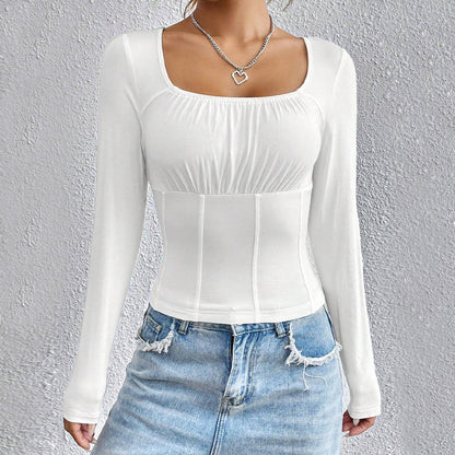 Damen Langarmshirt Quadratischer Ausschnitt Figurschmeichelnd