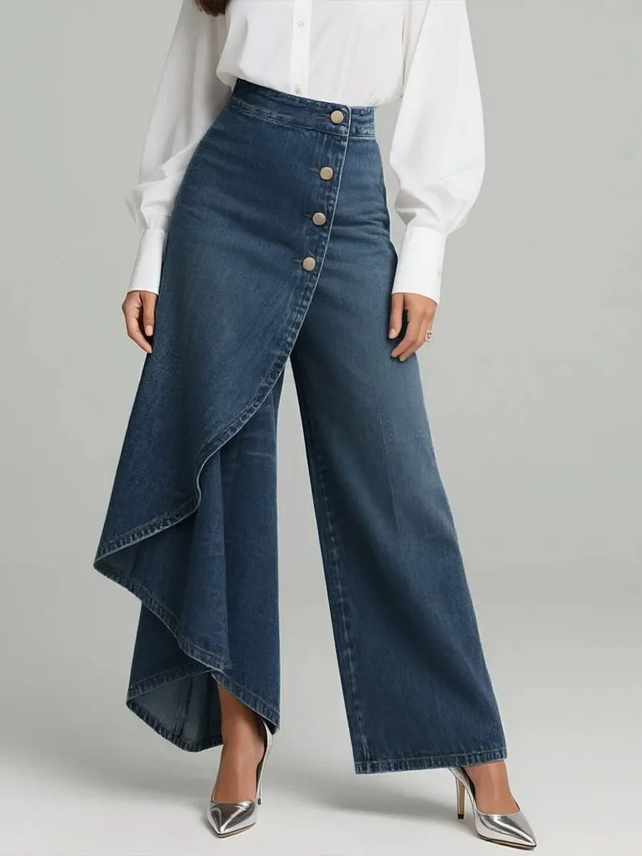 Damen Jeansrock Asymmetrisch Knopfdetails