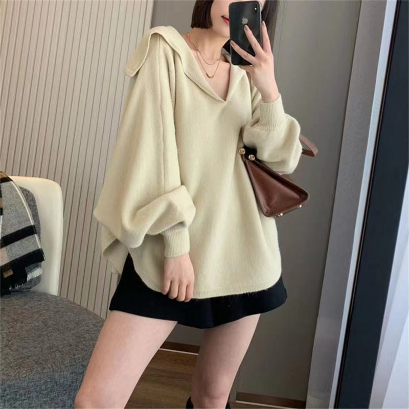 Damen Oversized Strickpullover Kapuze V-Ausschnitt Norvielle