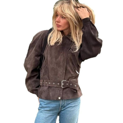 Damen Modische Wildlederjacke mit Taillengürtel