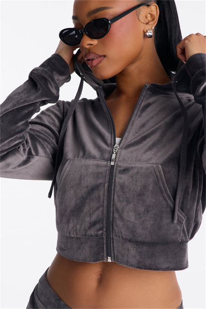 Damen Cropped Kapuzenjacke Stylischer Reißverschluss Praktische