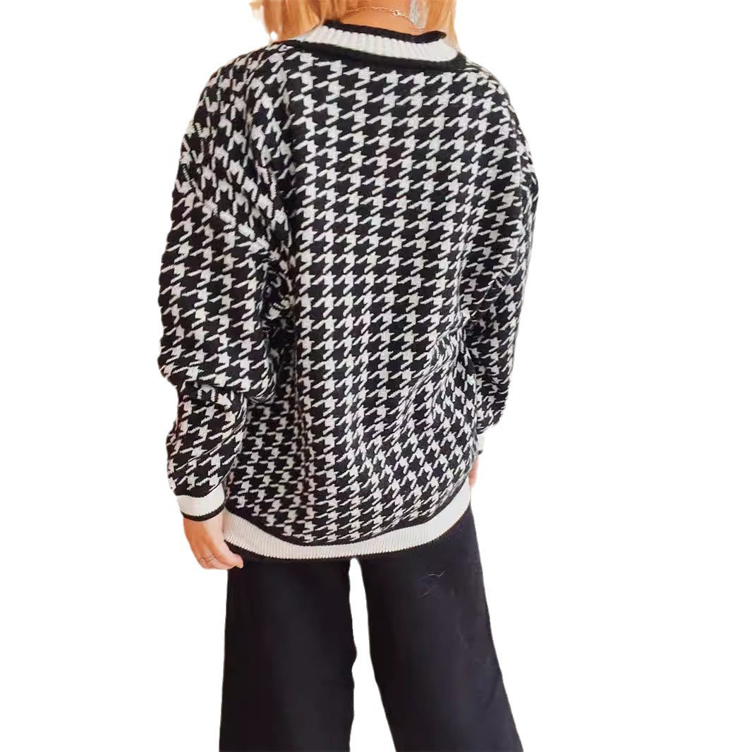 Damen Strickjacke Hahnentrittmuster Dekorative Knöpfe Norvielle